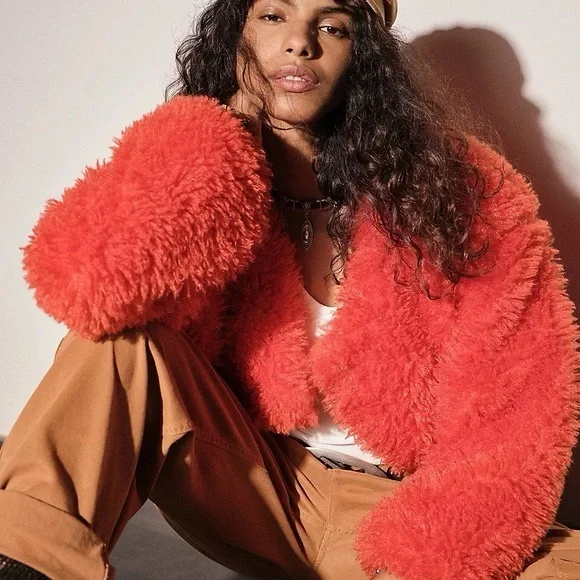 EUC. Free People Lena Teddy Jacket Orangish-red XS - Picture 1 of 11